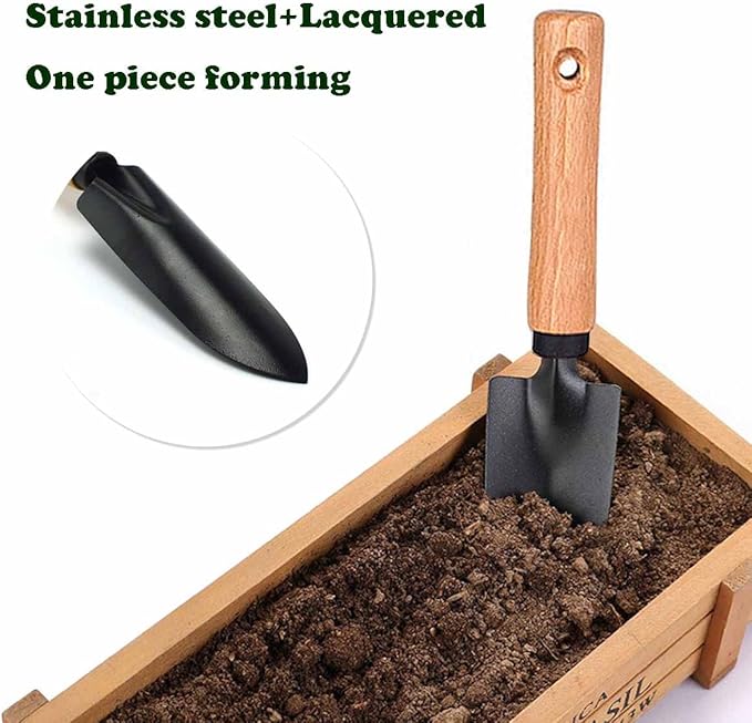 3 Pieces Garden Tools Set-Garden Rake Trowel, Gardening Tools with Wood Handle,Iron Crafts Gardening Work Kit with Solid Wood Ergonomic Handle Tools Succulent Gift Set Outdoor Gardening Tools(Black)