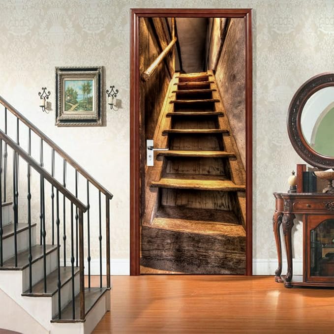 3D Door Stickers Murals Peel and Stick - Wooden Stairs - Door Wallpaper Self-Adhesive Door Decals Removable PVC Waterproof Door Poster for Bedroom Living Room Door 37.4" x 84.6"