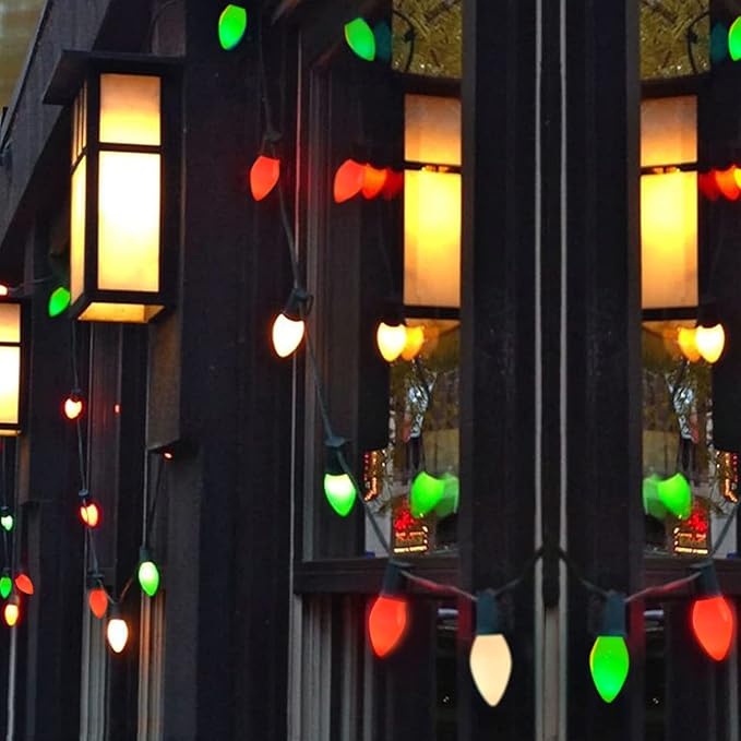 25Ft Christmas Lights Outdoor, C7 Vintage Christmas Lights with 27 Red White and Green Ceramic Bulbs, Hanging Outdoor Decorations Light Waterproof for Holidays Patio Garden Party Roofline