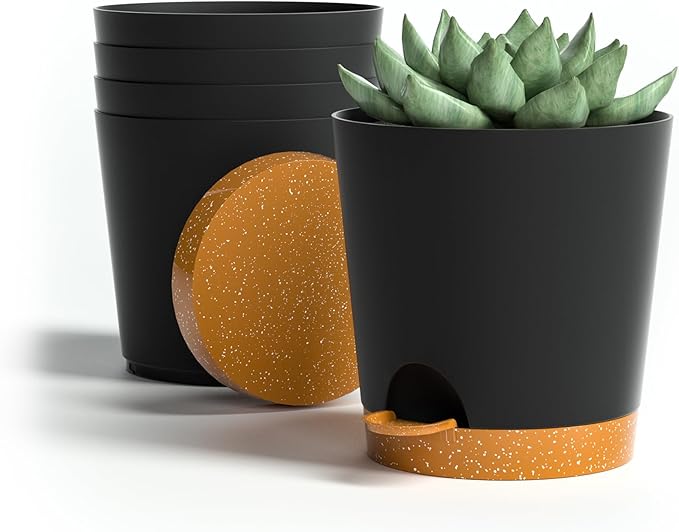 4 inch Small Plant Pots for Outdoor Indoor Plants, 5 Pack Planters with Drainage Holes and Tray, Small Self Watering Pots for Succulent,Cactus, Aloe and Other Plants (Black)