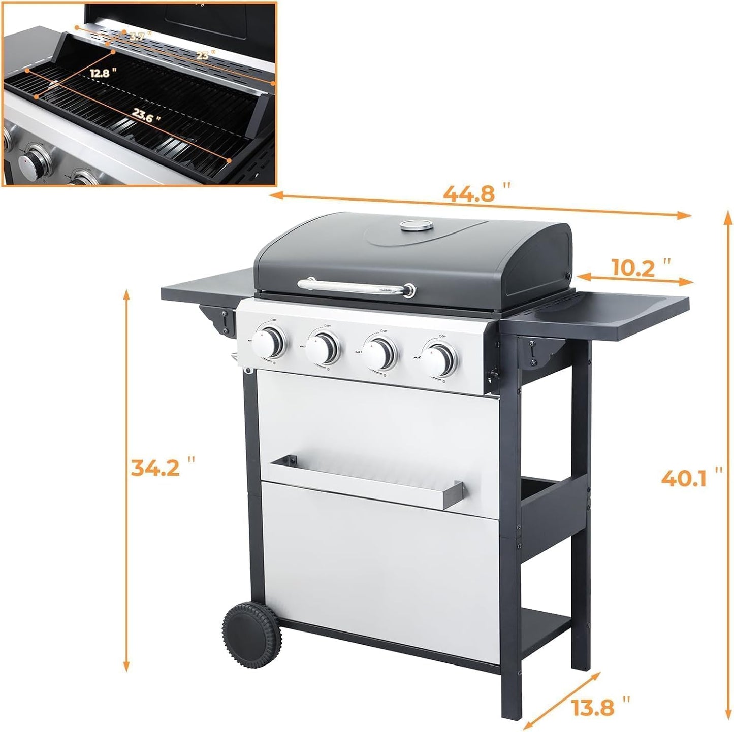 4 Burner Propane Gas Grill with Spice Rack, Foldable Side Tables, Durable Lid, Stainless Steel Burners, Built-in Thermometer, 34,200 BTU Gas Grill for Patio, Garden BBQ