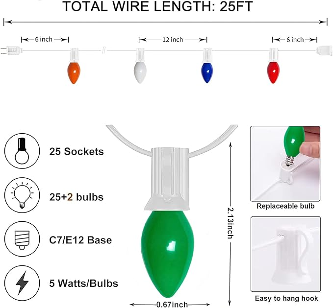 25Ft C7 Vintage Christmas Lights Multicolor - 27 Colorful Ceramic Bulbs, Hanging Outdoor for Tree, Party, Prom, Wedding, Holiday, Patio Decor - White Wire