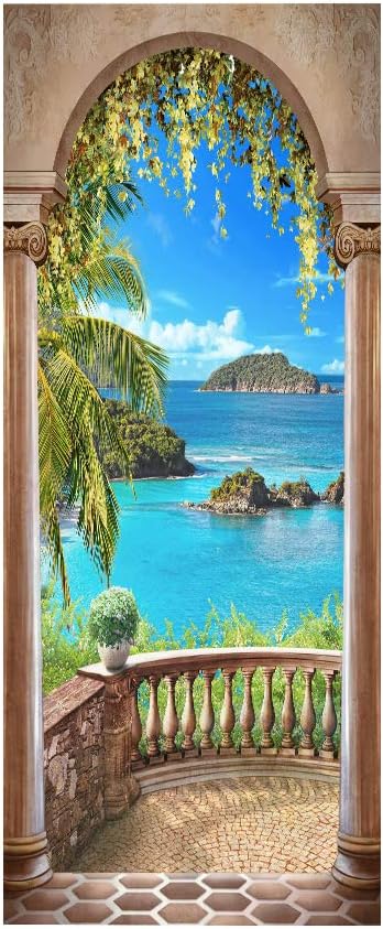 3D Door Stickers Murals - Landscape - Peel & Stick - Removable PVC Waterproof Door Poster - 37.4" x 84.6" - White - Tropical Ocean Theme