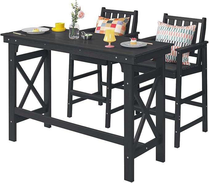 3 Pieces HDPE Outdoor Bar Table and Chairs Set, Tall Adirondack Chairs Set of 2 with Rectangular Bar Table, Patio Bar Stools Set, HDPE Outdoor Patio Bar Set for Balcony, Porch, Deck, Obsidian