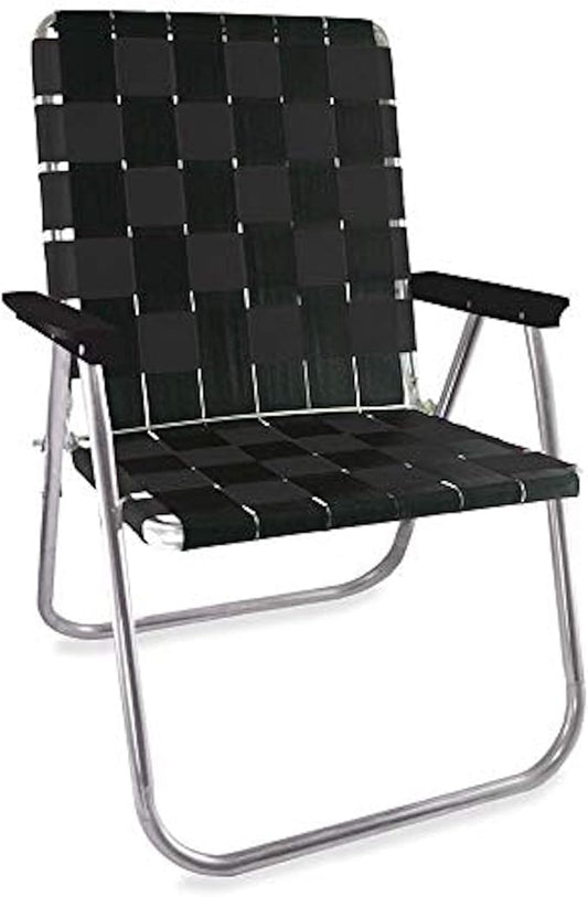 Lawn Chair USA Folding Aluminum Outdoor Patio Lawn Chair | Heavy-Duty Webbed Chairs for Camping, Sports, Beach, Yard & Tailgating | Lightweight Portable | Magnum - Black with Black Arms