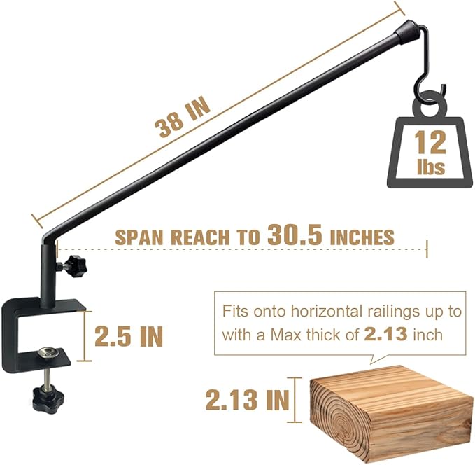 38 Inch Extended Reach Deck Hook Hanger for Railing, Heavy Duty Outdoor Plant Hook Holder for Hanging Bird Feeder Flower Basket Planter or Lanterns, 1 Pack