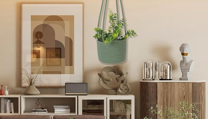 Hanging Planter Basket Jute Rope Woven Plant Hangers Indoor Hanging Plant Holder Up to 7" Pot Macrame Modern Storage Organizer Home Decor (Green)