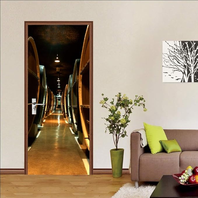 3D Door Stickers Murals Peel and Stick - Wine Cellar - Door Wallpaper Self-Adhesive Door Decals Removable PVC Waterproof Door Poster for Bedroom Living Room Door Wall Decoration 30.3 x 78.7 inch