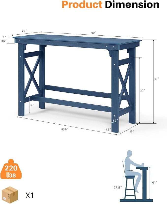 HDPE Outdoor Bar Table, 41" Rectangular Patio Bar Tables, Outdoor Counter Height Table Adirondack Patio Bar Height Table, HDPE Outside Pub Tables for Outside, Balcony, Deck, Poolside, Navy