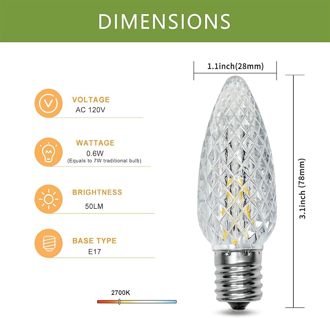 25Pack C9 Replacement LED Light Bulbs, Strawberry Christmas Bulb 2700K Soft White Shatterproof & Waterproof Outdoor String Light Bulbs, E17 Candelabra Base Edison Bulbs for Holiday Decoration