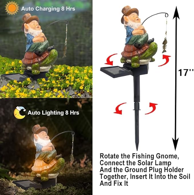 Garden Gnome Turtle solar LED Pond Statue Decoration, Fishing Gnome Turtle Garden Statue Outdoor Koi Pond or Waterfall or lawn Decor,5.3" Gnome turtle Fishing Poolside Statue contains ground insertion