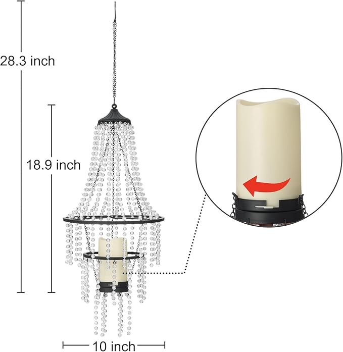 Hanging Candle Chandelier Outdoor, Battery Operated Clear Acrylic Beaded Chandelier with Flickering Led Candle Light S Hooks Modern Lantern for Garden Yard Patio Gazebo Room Indoor Decorations, 28”H