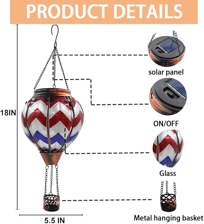 2PC Hot Air Balloon Solar Lantern with 2PC Shepherd Hook, Flickering Flame Hanging Solar Lanterns Outdoor Lights Waterproof Lanterns for Garden Patio Yard Party Decor (Wavy-Gray&Navy&Red)