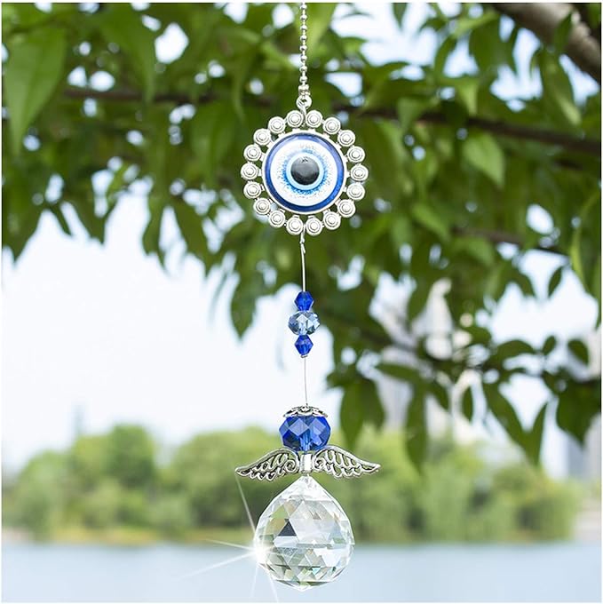 Handmade Crystal Angel Suncatcher Hanging Turkish Blue Evil Eye Protection Pendant and Good Luck Charm Gift