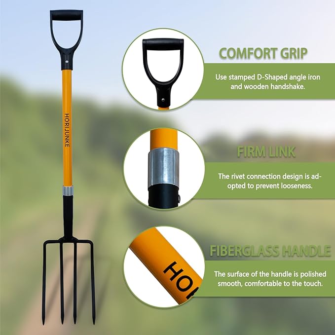 Garden Fork, 4-Tines Pitchforks,45-Inch Pitchfork for Gardening,Fiberglass Digging Fork Pole, D-Handle