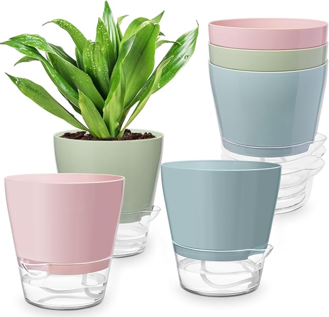 Hayder Plant Pots 6 inch Set of 6, Self Watering Flower Pots Indoor Outdoor, Self Watering Planters with Drainage Hole & Clear Saucer Reservoir