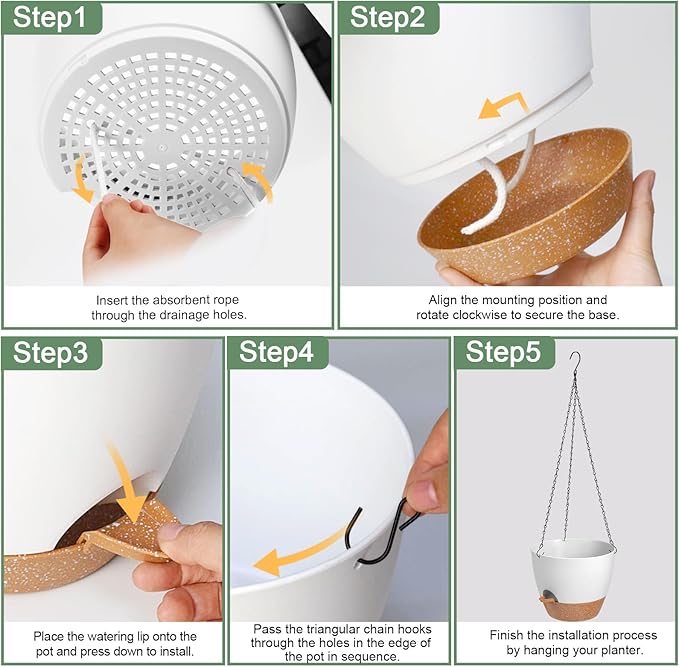 3 Pack Hanging Planter Indoor Outdoor Flower Pots 7/6.5/5 Inch, Self-Watering Hanging Pot with Drainage Holes Hanging Baskets Holder Plant Pots for Garden (White)