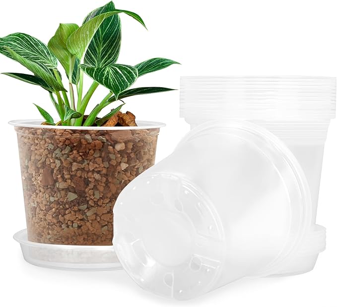 4/5/6/7 Inch Clear Nursery Pots for Plants with Sacuers 15 Pack, Plastic Flower Pots with Drainage Holes, Variety Pack Seedlings Garden Pot for Indoor Outdoor (5 inch)