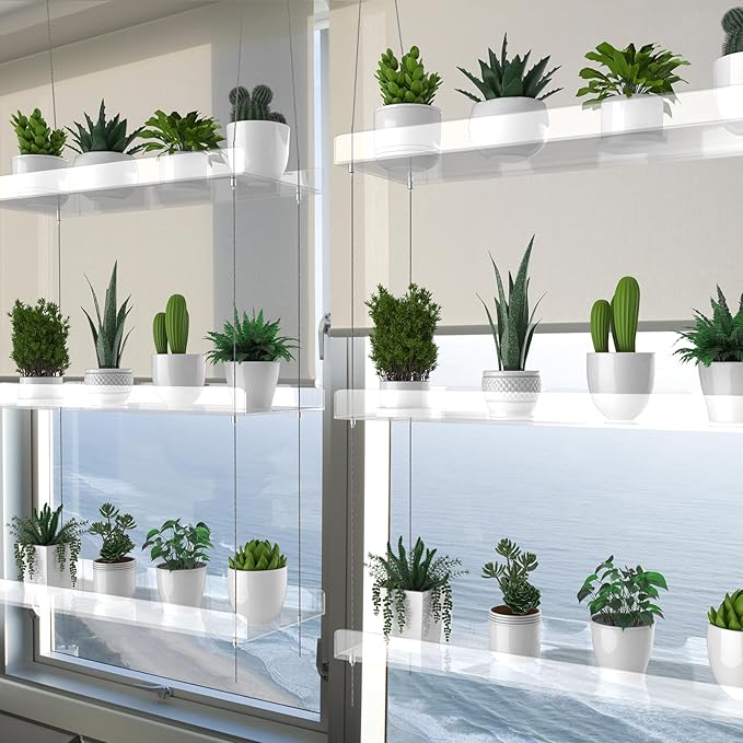 3-Tier Hanging Clear Plant Shelves for Windows, Acrylic Window Wall Plant Stand Shelf for Kitchen Indoor Gardens, Flower, Succulents, Herb, Seedling Organization, and Pots Display, 16 Inch per Tier