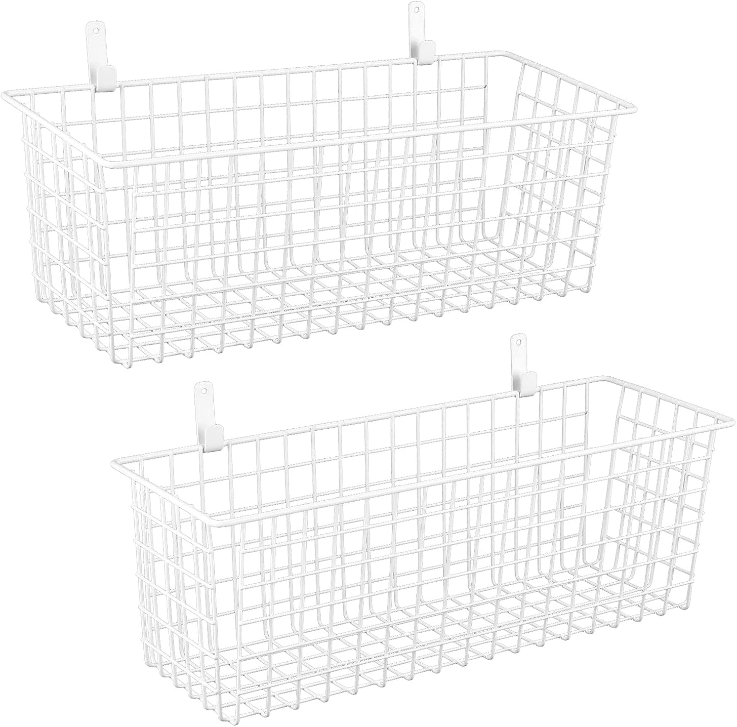 2 Sets Extra Large Hanging Wall Basket, White Metal Wire Baskets with Steel Hooks for Organizing, WallmountedFruit Vegetable Toy Snack Storage, Home Kitchen Bathroom Laundry Pantry Organizer