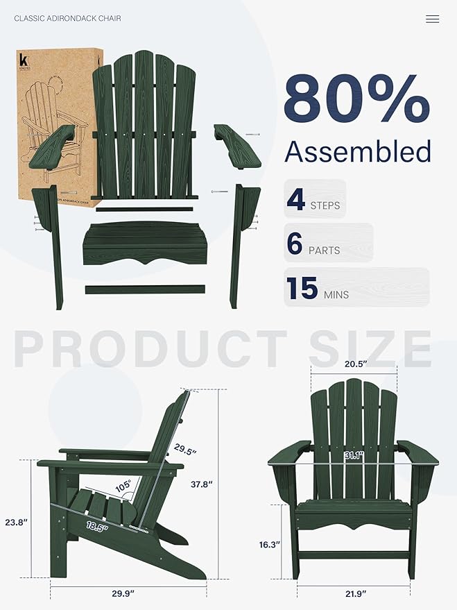 KINGYES HDPE Adirondack Chair, Classic Oversize Adirondack Chair, Green
