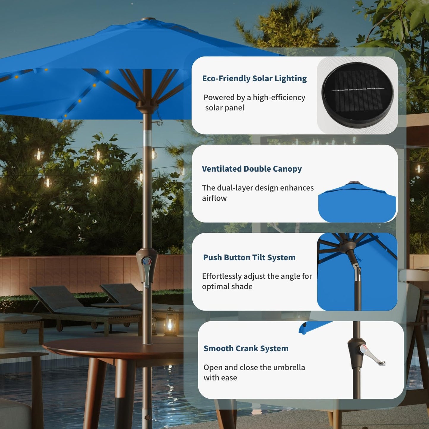 10FT Solar Umbrella 32 LED Lighted Patio Umbrella Table Market Umbrella w/Tilt and Crank, UV-Resistant Outdoor Umbrella for Pool, Garden, Deck, Royal Blue