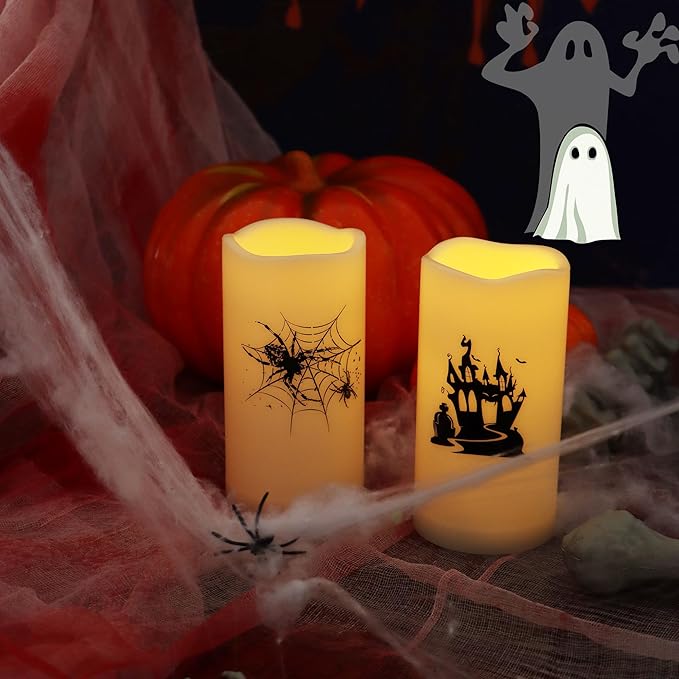 Halloween Outdoor Battery Operated Flameless Pillar Candles with Auto Daily Timer Waterproof Realistic Flickering Electric LED Lights with Spider Castle Decals Halloween Decorations 2 Pack 3X6”