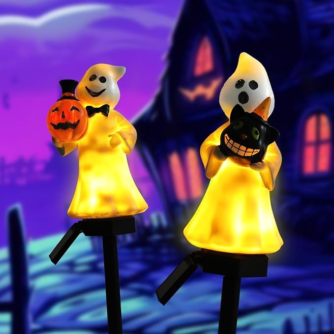Halloween Decorations – Set of 2 Solar-Powered Ghost Decor with LED Lights, Weather-Resistant Outdoor Lighting for Garden, Pathways, and Parties
