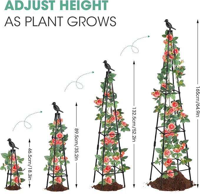 Garden Obelisk Trellis for Climbing Plants Outdoors, 65 Inch Rustproof Plant Stand Climbing Support with Adjustable Heights for Indoor Potted Plants, Vines, Flowers Stands, Vegetables (1)