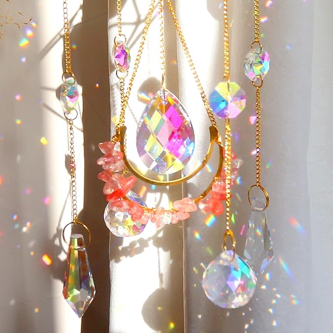 Healing Crystal Suncatchers Hanging Wind Chime Style Garden Suncatcher Rainbow Maker Gold Plated Sun Catcher Decor for Home Indoor Outdoor Gift (RED)