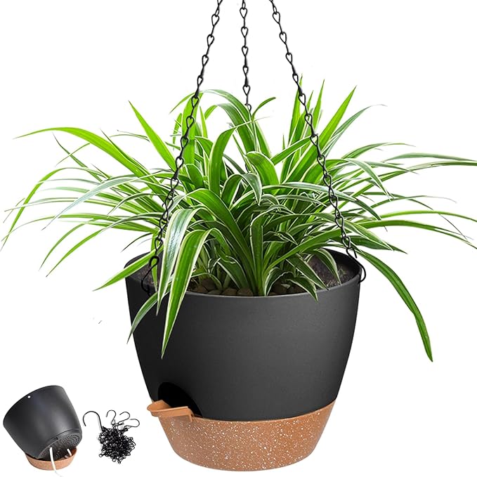 Hanging Planters for Indoor Outdoor Plants, 1 Set Self Watering Hanging Pot with Drainage Holes & Removable Tray (Black-12inch, 12'')