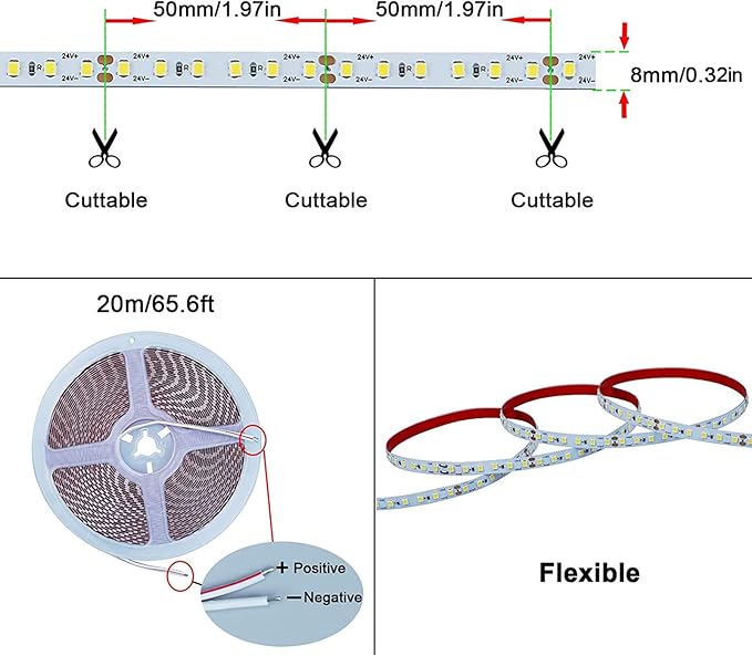 24V 65.6ft/20m LED Strip Light Warm White 3000K 2400LEDs High Brightness 12000LM SMD2835 Flexible No-Waterproof IP20 LED Tape for Kitchen Backyard Hallways Stairs Decoration(No Power Supply)