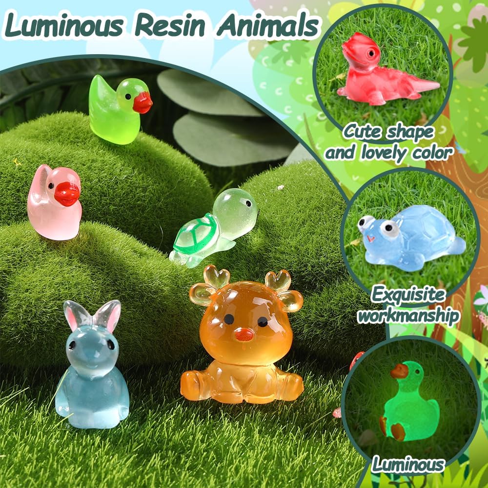 131pcs Luminous Mini Resin Animals, Glow in The Dark Tiny Small Little Animal Ducks Figures to Hide Miniature Figurines for Dollhouse Garden Micro Landscape Aquarium Decorations DIY Crafts
