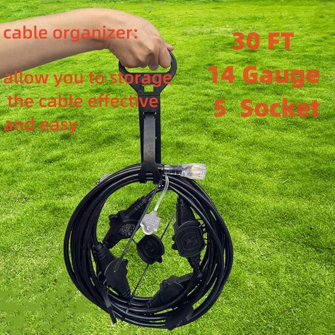 30FT 14 Gauge Multi Outlet Extension Cord, 5 Evenly Spaced Weatherproof Outlets, Great for Stage Backdrops, Landscape Garden Lighting，Christmas Decorations ETL
