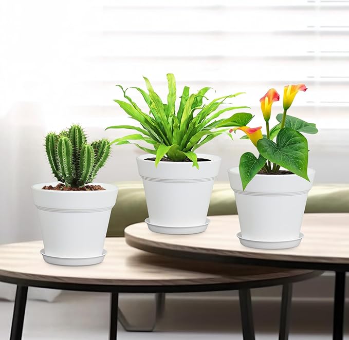 4 inch Small Plastic Nursery Pots, 16 Pack Plant Pots for Indoor Outdoor Plants, Flower Pots with Drainage Holes and Saucers, Decorative Seedling Starter Planters for House Plants, White