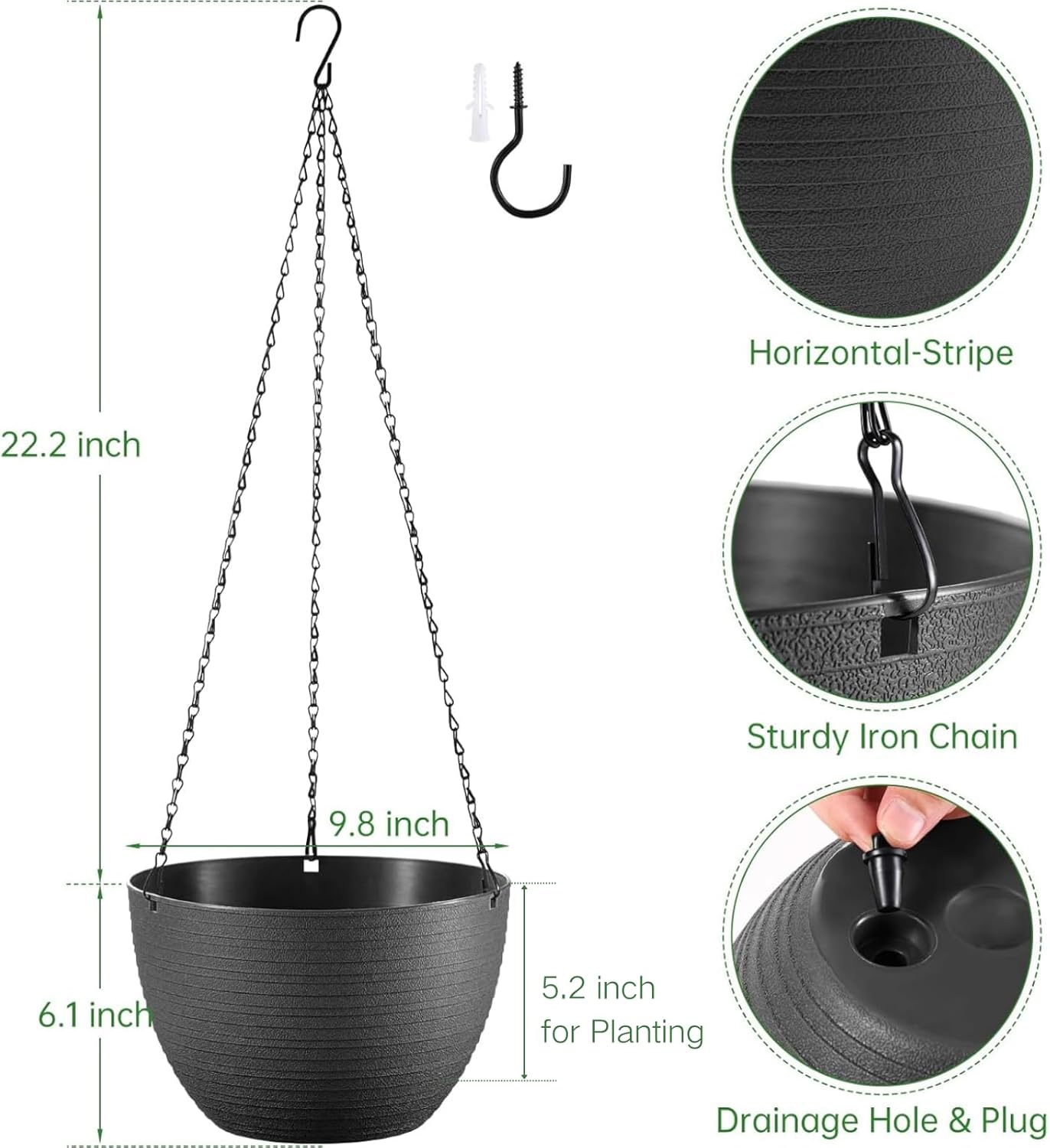 Hanging Planters for Indoor Outdoor Plants, Set of 2 Self Watering Hanging Pots with Drainage Hole & Plug and 20" Chain & Hooks