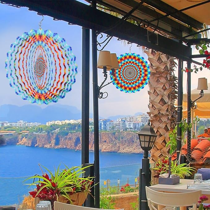 3D Wind Spinner Rainbow Mandala Stainless Steel Metal Wind Spinner Kinetic Metal Art Multi-Color Geometric Pattern Hanging Ornament for Yard Garden Patio