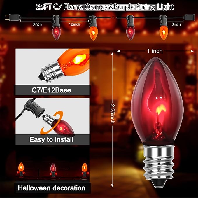 Halloween Decorations Lights Outdoor, 25Ft C7 Halloween Orange Purple String Lights with 25 Flickering Flame Bulbs, Connectable Outdoor Halloween Flame Lights for Indoor Garden Party Patio Yard Decor