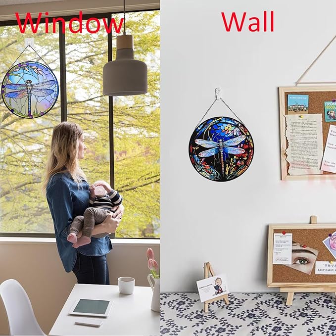 Hanging Stained Glass for Windows,20cm/7.87inch Dragonfly Hand-Painted Sun Catcher Garden Hangings Christmas Mother's Day, Valentine's Day Ornaments Festival Gift (C Style)