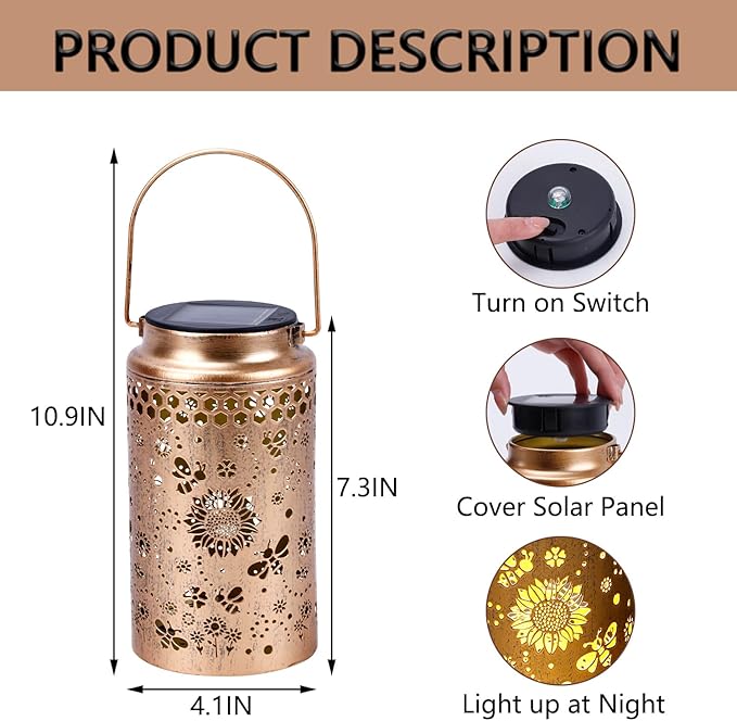 4 Pack Bee Solar Lanterns Outdoor Waterproof, Metal Hanging Lights Decorations for Garden Yard Lawn Patio, Bee Gifts for Women Mom Grandma Aunt Mother in Law Christmas