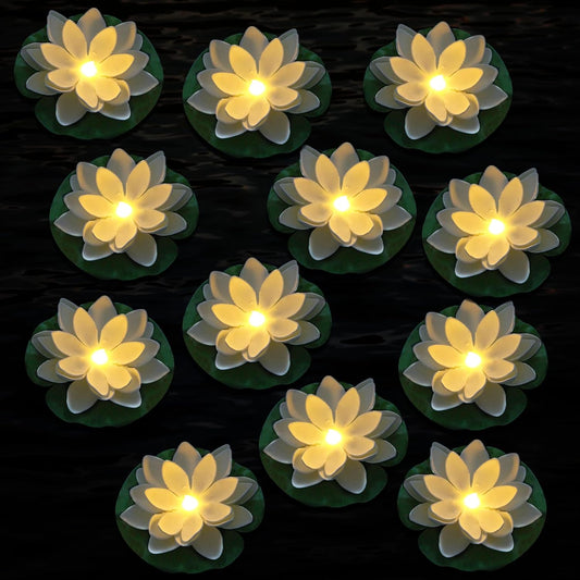 12 PCS Waterproof Floating Lotus Light - 6'' Floating Flower Light Battery Operated Water Activated Warm White Pool Flower Lamp Wedding Anniversary Garden Decoration(6 Inch, White)