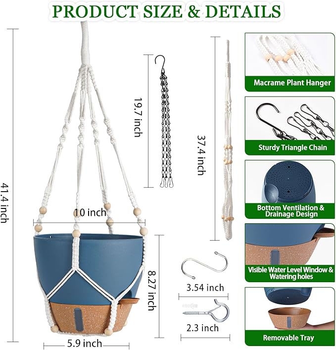 Hanging Planter Self Watering 10 Inch, 2 Pack Hanging Baskets for Plants, Hanging Flower Pots with Drainage Hole & 2 Kinds of Plant Hangers for Garden Home Decor (Navy Blue, 10 Inch)