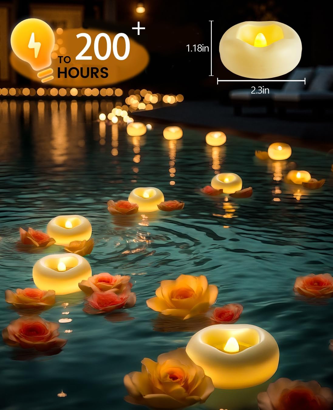 12x 2”Floating Candle, 200 Hour Water Activated Warm White Battery Powered Flameless LED Floating Candle Floating for centerpieces/Bathtub/Pool/Fountain