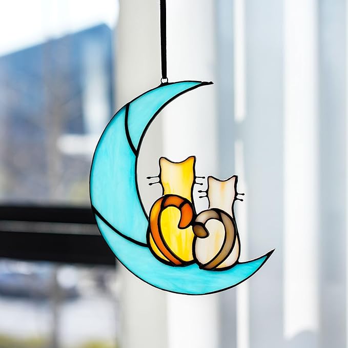 HDCRYSTALGIFTS Couple Cat Sitting on Moon Stained Glass Window Hanging, Modern Art Suncatcher for Window, Wall Decor,Cat Lover Gifts for Women/Girls