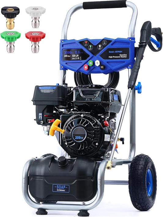 3500 PSI Gas Pressure Washer, 2.3 GPM Power Washer with 209CC Engine, Maintenance-Free Axial Cam Pump, 25FT Hose, 4 Nozzles for Driveways, Walls, Vehicles, Patio (Blue)