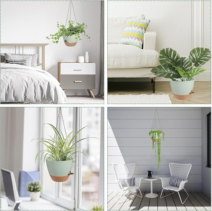 Hanging Planters for Indoor Outdoor Plants, 1 Set Self Watering Hanging Pot with Drainage Holes & Removable Tray (Green-12inch, 12'')