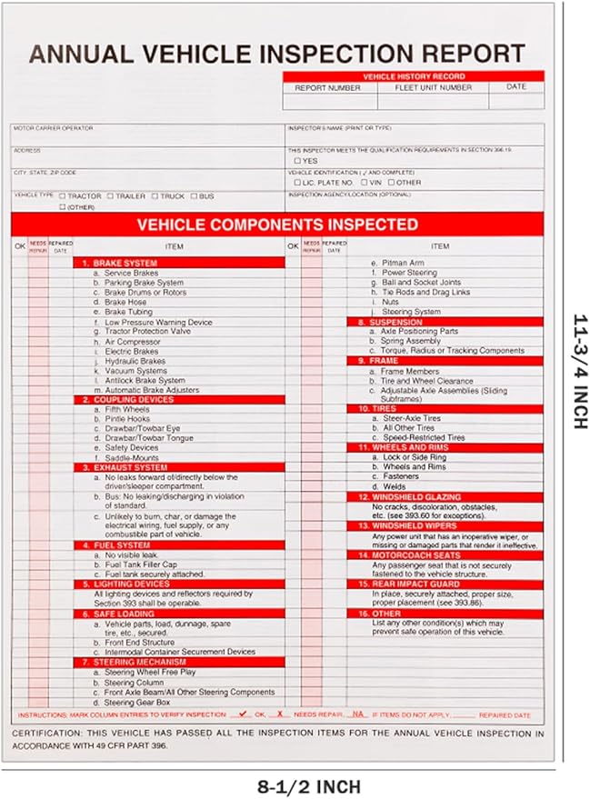 25 Pack 3-Ply Carbonless Annual Vehicle Inspection Report Form with White Interior Inspection Label and Red Exterior Aluminum Inspection Label