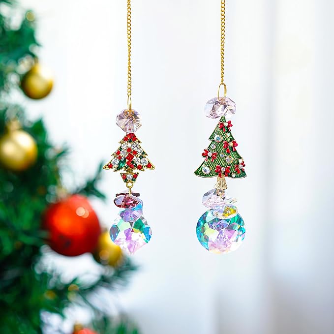 2PCS Rhinestones Christmas Tree Ornaments Suncatcher Prisms Hang for Tree Window Christmas Eve Party