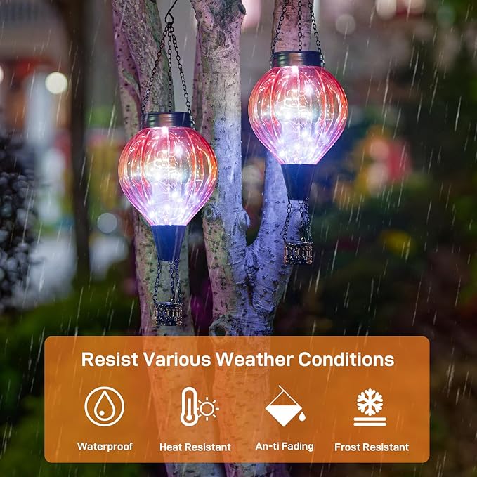 2PC Hot Air Balloon Solar Lantern Outdoor Waterproof, Gradient Orange Glass Balloon Lantern Lights, Hanging Solar Lights for Outside Patio Garden Tree Porch Yard Gift for Women Mom