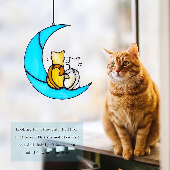 HDCRYSTALGIFTS Couple Cat Sitting on Moon Stained Glass Window Hanging, Modern Art Suncatcher for Window, Wall Decor,Cat Lover Gifts for Women/Girls